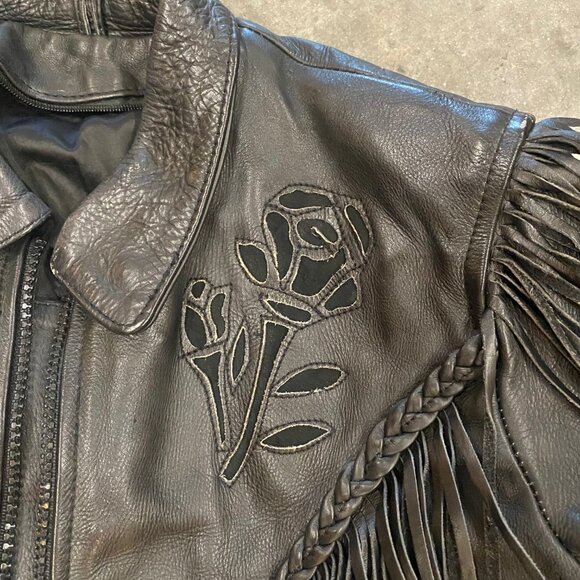Black Leather Vintage Biker Jacket with Fringe and Rose Detail - Picture 2 of 13